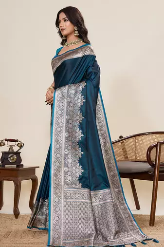 Teal blue woven pure satin silk banarasi saree with blouse
