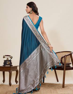 Teal blue woven satin silk blend banarasi saree with blouse 4
