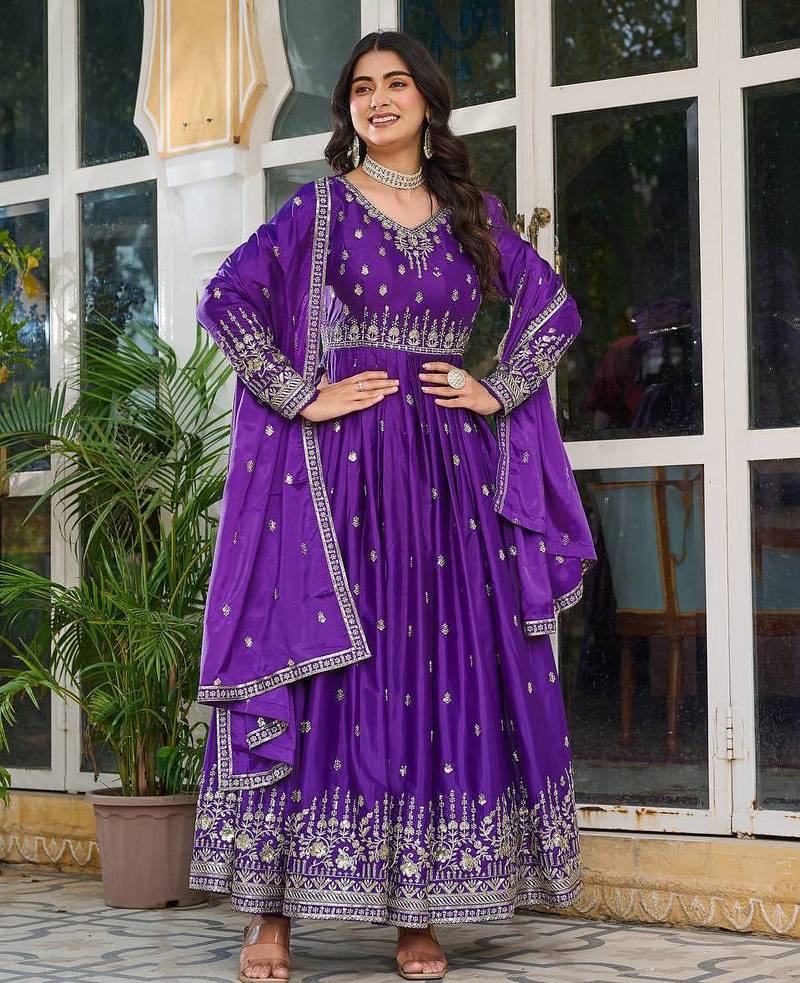 Purple Color Thread With Sequence Work American Silk Top Bottom Dupatta Set