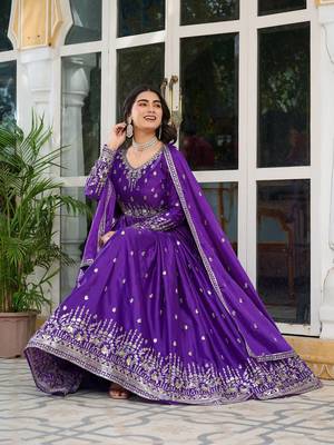 Purple Color Thread With Sequence Work American Silk Top Bottom Dupatta Set 3