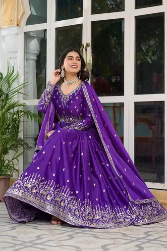Purple Color Thread With Sequence Work American Silk Top Bottom Dupatta Set