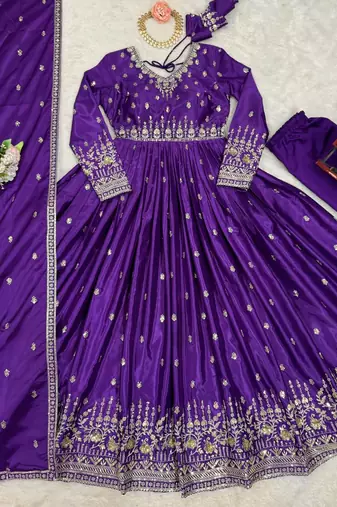 Purple Color Thread With Sequence Work American Silk Top Bottom Dupatta Set