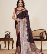 Wine woven pure satin silk banarasi saree with blouse