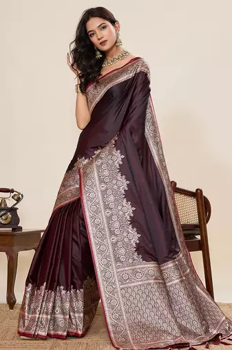 Wine woven pure satin silk banarasi saree with blouse