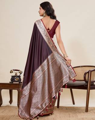 Wine woven satin silk blend banarasi saree with blouse 4