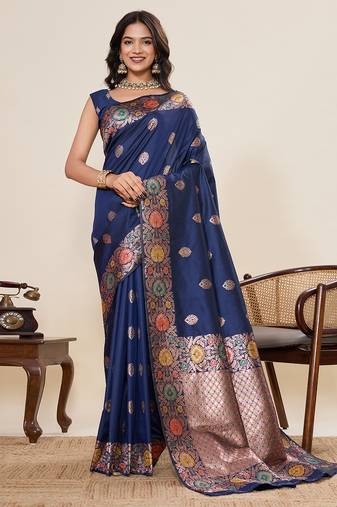 Blue floral print woven pure jacquard banarasi saree with blouse