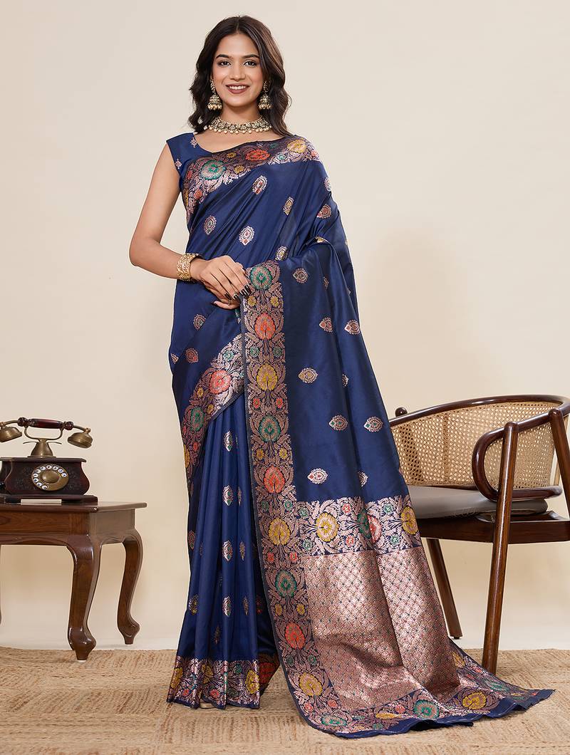 Blue floral print woven pure jacquard banarasi saree with blouse