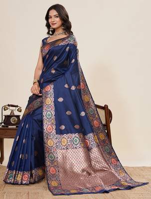 Blue floral print woven pure jacquard banarasi saree with blouse 2