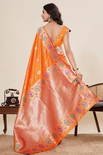 Light orange floral print woven pure jacquard banarasi saree with blouse