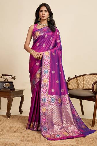 Magenta floral print woven pure jacquard banarasi saree with blouse
