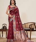 Maroon floral print woven pure jacquard banarasi saree with blouse