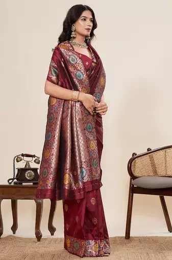Maroon floral print woven pure jacquard banarasi saree with blouse