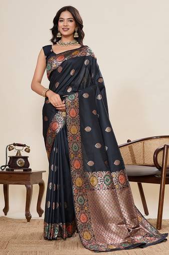 Navy blue floral print woven pure jacquard banarasi saree with blouse