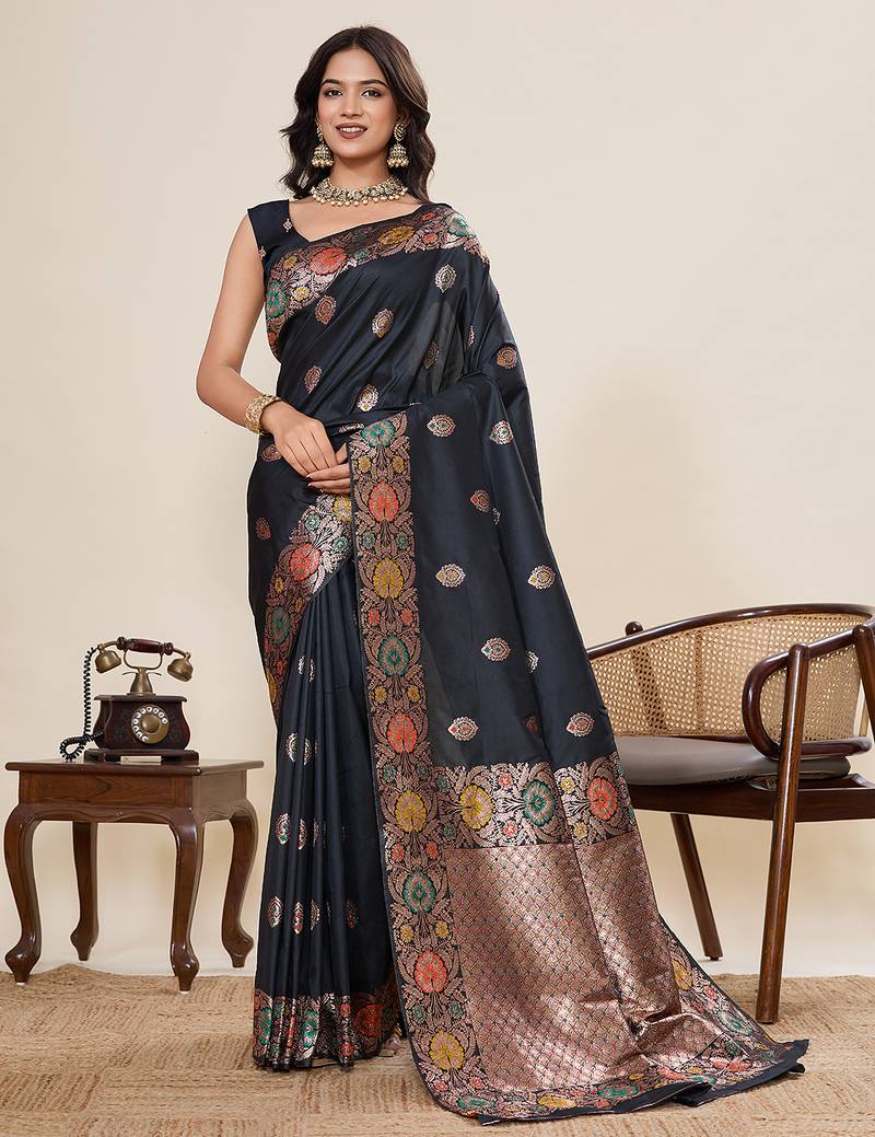 Navy blue floral print woven pure jacquard banarasi saree with blouse
