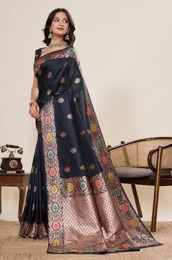 Navy blue floral print woven pure jacquard banarasi saree with blouse