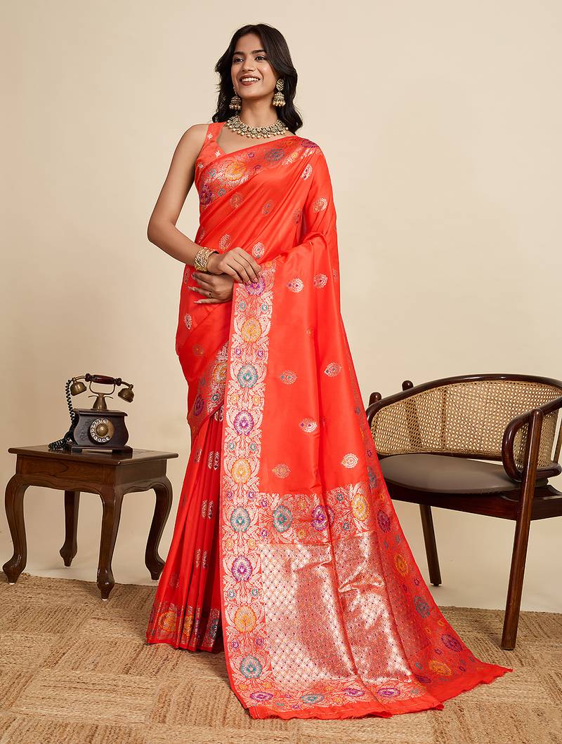 Orange floral print woven pure jacquard banarasi saree with blouse