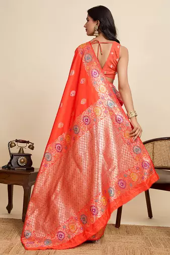 Orange floral print woven pure jacquard banarasi saree with blouse