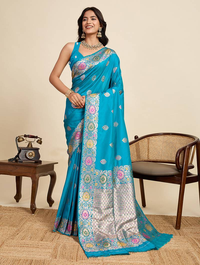 Sky blue floral print woven pure jacquard banarasi saree with blouse