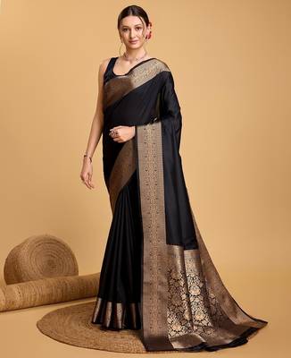 Black woven self design embellished silk blend saree with blouse 1