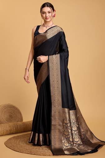 Black woven self design embellished pure silk kanjivaram saree with blouse