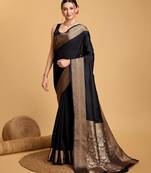 Black woven self design embellished pure silk kanjivaram saree with blouse