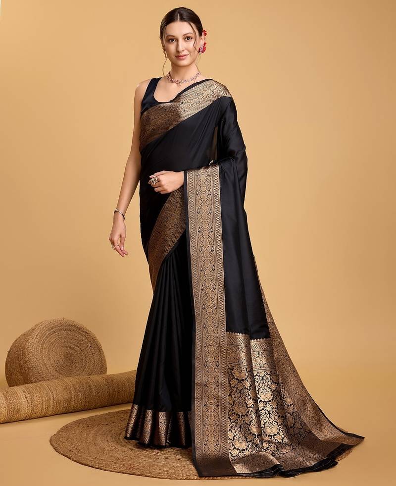 Black woven self design embellished pure silk kanjivaram saree with blouse