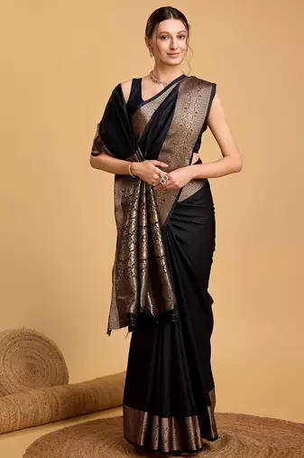 Black woven self design embellished pure silk kanjivaram saree with blouse