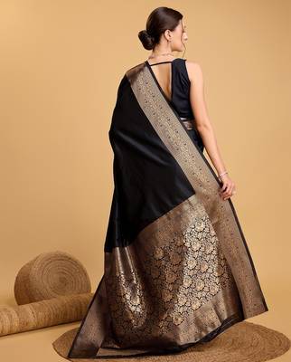 Black woven self design embellished silk blend saree with blouse 4
