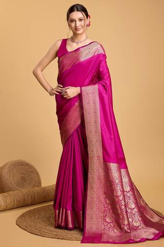 Dark pink woven self design embellished pure silk kanjivaram saree with blouse