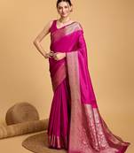 Dark pink woven self design embellished pure silk kanjivaram saree with blouse