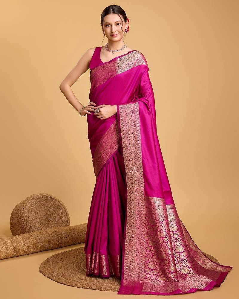Dark pink woven self design embellished pure silk kanjivaram saree with blouse