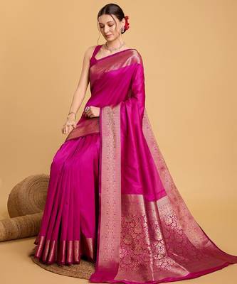 Dark pink woven self design embellished silk blend saree with blouse 2