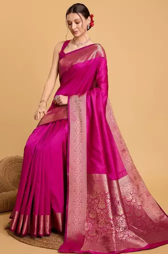 Dark pink woven self design embellished pure silk kanjivaram saree with blouse