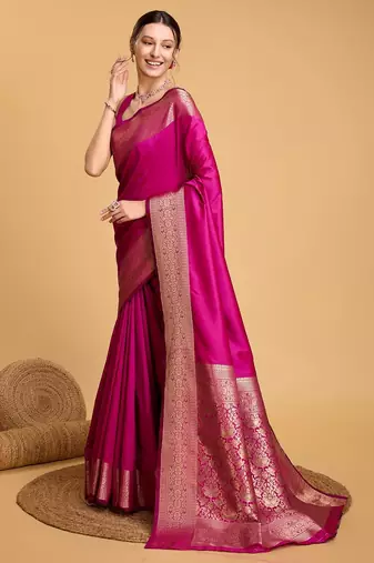 Dark pink woven self design embellished pure silk kanjivaram saree with blouse