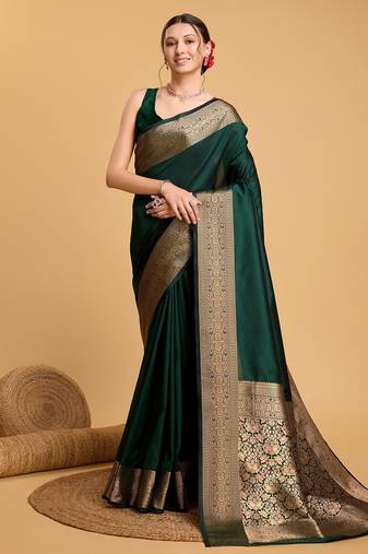 Green woven self design embellished pure silk kanjivaram saree with blouse
