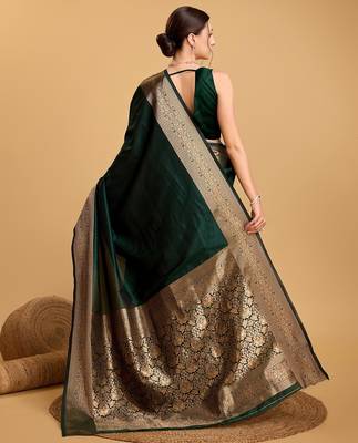 Green woven self design embellished silk blend saree with blouse 4