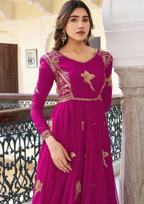 Rani Pink Color Thread With Sequence Work Faux Georgette Top Bottom Dupatta Set 2