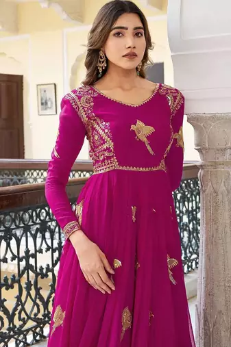 Rani Pink Color Thread With Sequence Work Faux Georgette Top Bottom Dupatta Set