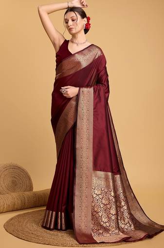 Maroon woven self design embellished pure silk kanjivaram saree with blouse