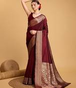 Maroon woven self design embellished pure silk kanjivaram saree with blouse