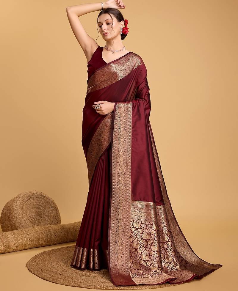 Maroon woven self design embellished pure silk kanjivaram saree with blouse