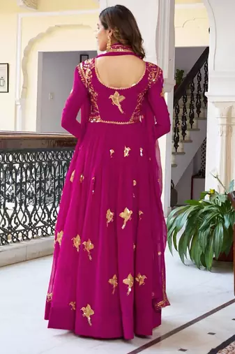 Rani Pink Color Thread With Sequence Work Faux Georgette Top Bottom Dupatta Set