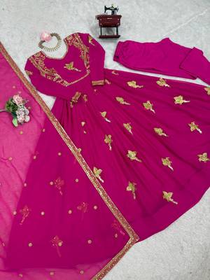 Rani Pink Color Thread With Sequence Work Faux Georgette Top Bottom Dupatta Set 5
