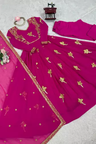 Rani Pink Color Thread With Sequence Work Faux Georgette Top Bottom Dupatta Set