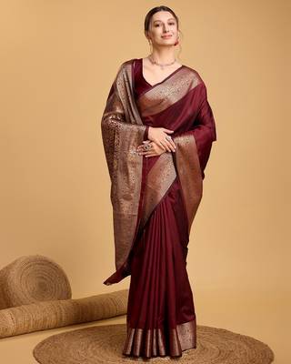 Maroon woven self design embellished silk blend saree with blouse 2