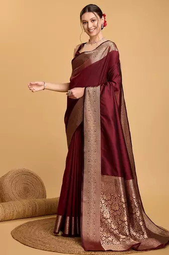 Maroon woven self design embellished pure silk kanjivaram saree with blouse