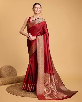 Red woven self design embellished silk blend saree with blouse 1