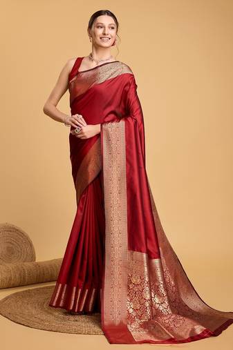 Red woven self design embellished pure silk kanjivaram saree with blouse