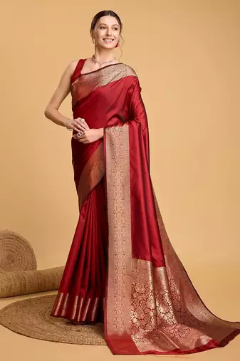 Red woven self design embellished pure silk kanjivaram saree with blouse