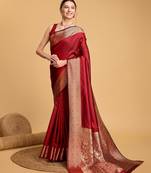 Red woven self design embellished pure silk kanjivaram saree with blouse